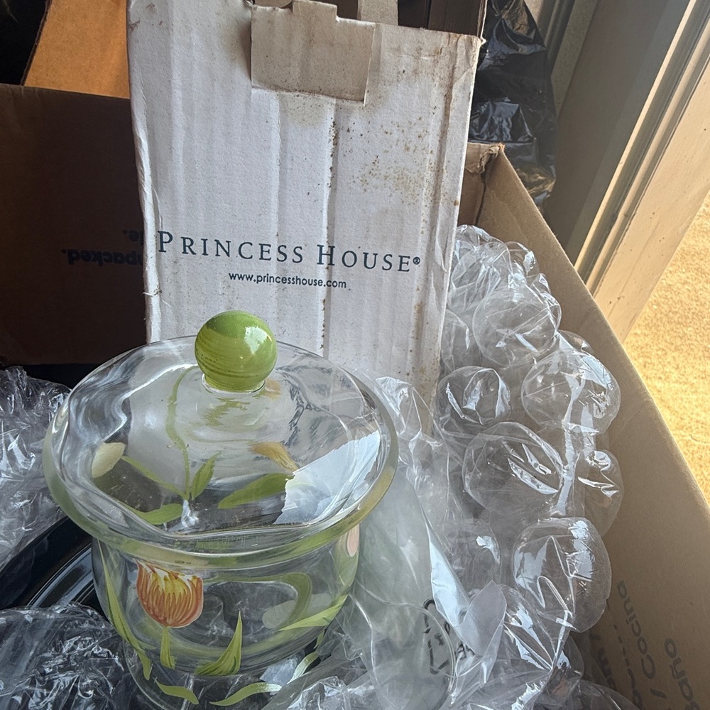 Princess House Crystal Condiment Bowl, #6484, Hand painted Cottage Tulip